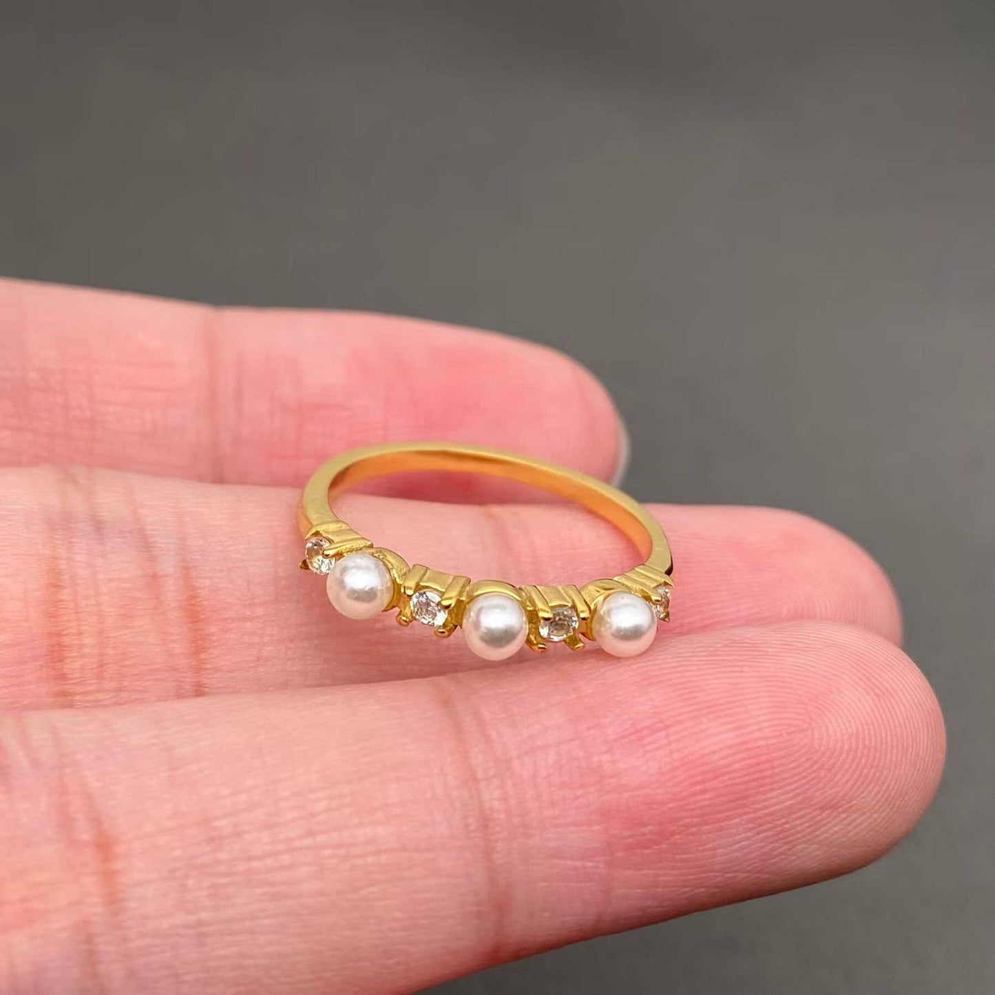 Pearl & CZ 18K Gold Plated Stainless Steel Ring