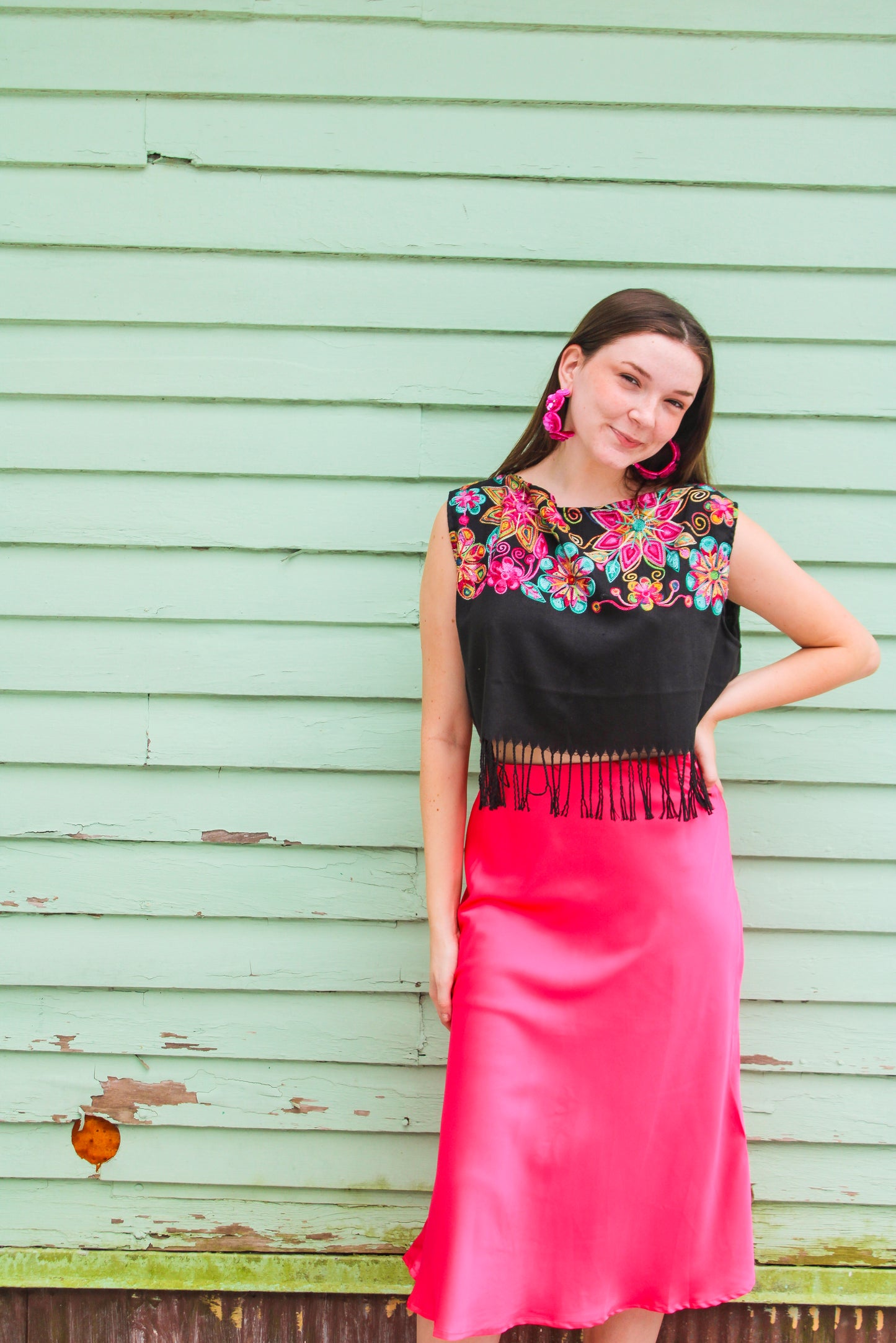 Embroidered Floral Fringe Cropped Blouse