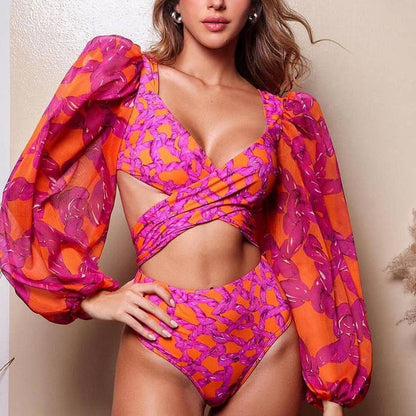 3-Piece Floral High-Waisted Long Sleeve Bikini Swimsuit with Cover Up Skirt