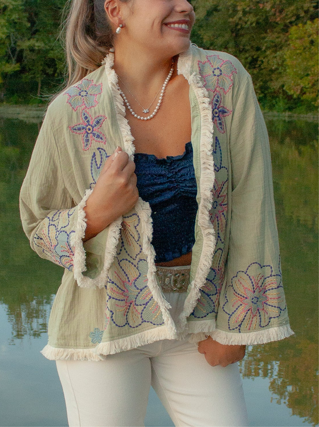 Embroidered Cardigan Quilted Jacket With Frayed Hem
