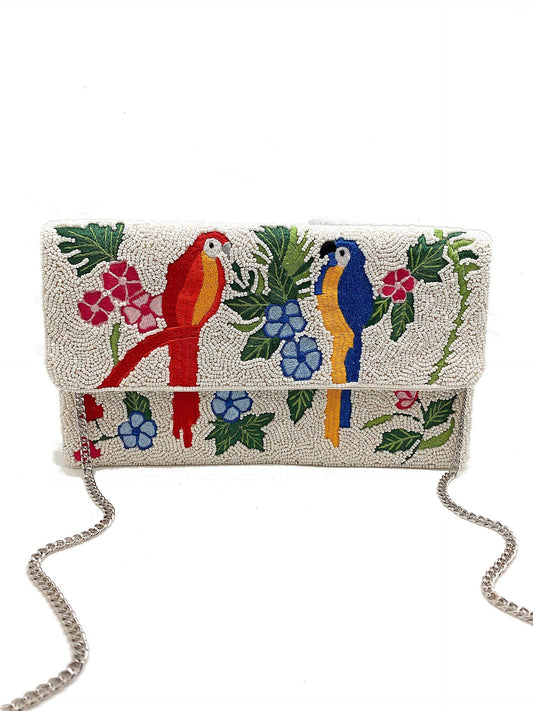 Embroidered Birds Beaded Clutch