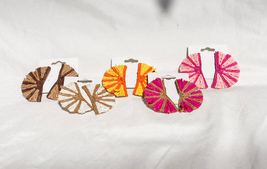 Colorful Raffia Fan Earrings on Gold Back