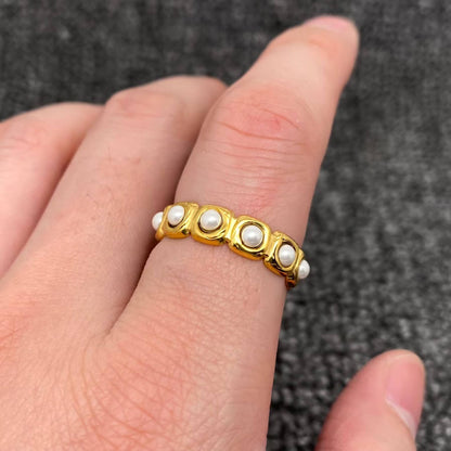 18K Golden Stainless Steel Adjustable Ring With Pearls