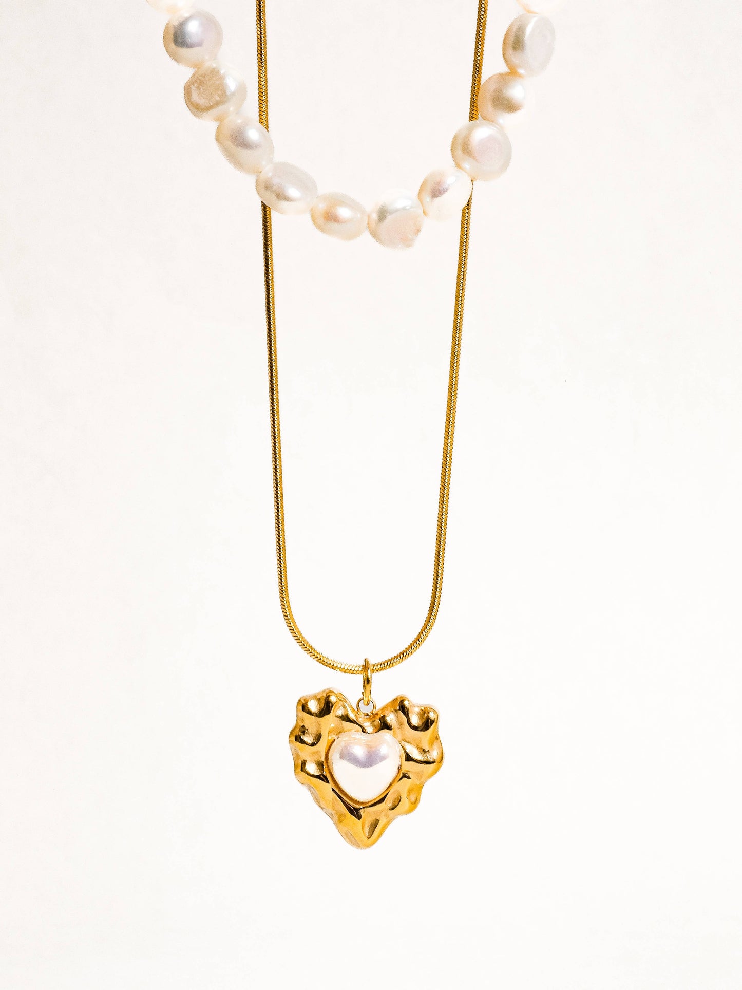 18K Gold Non-Tarnish Layered Pearl Heart Necklace