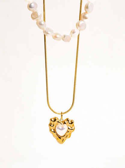 18K Gold Non-Tarnish Layered Pearl Heart Necklace