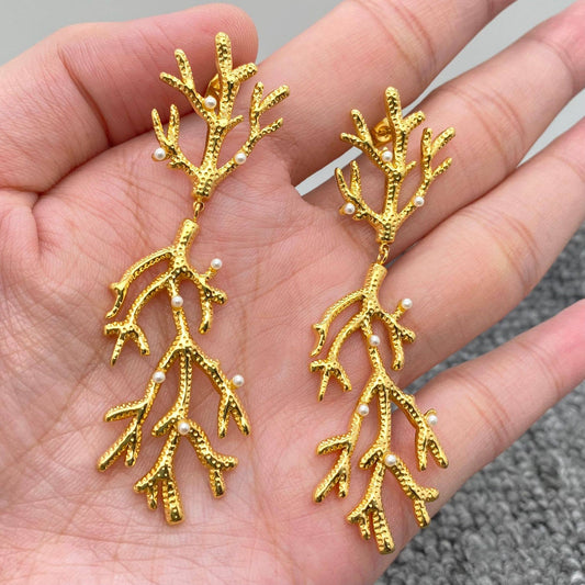 Gold Plated Coral Earrings With Pearls