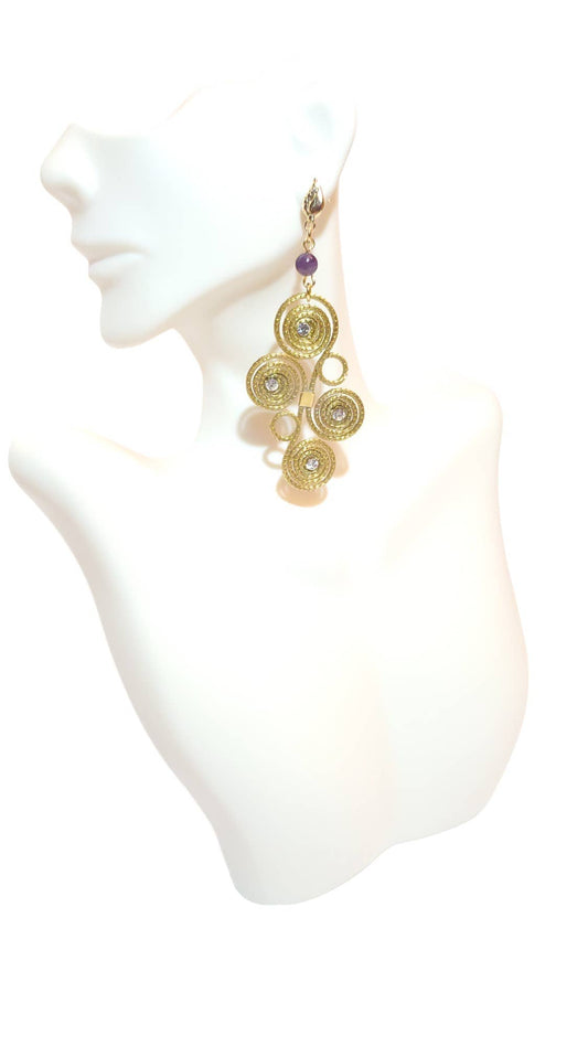 Hand Crafted Golden Grass Dangle Earrings with Amethyst