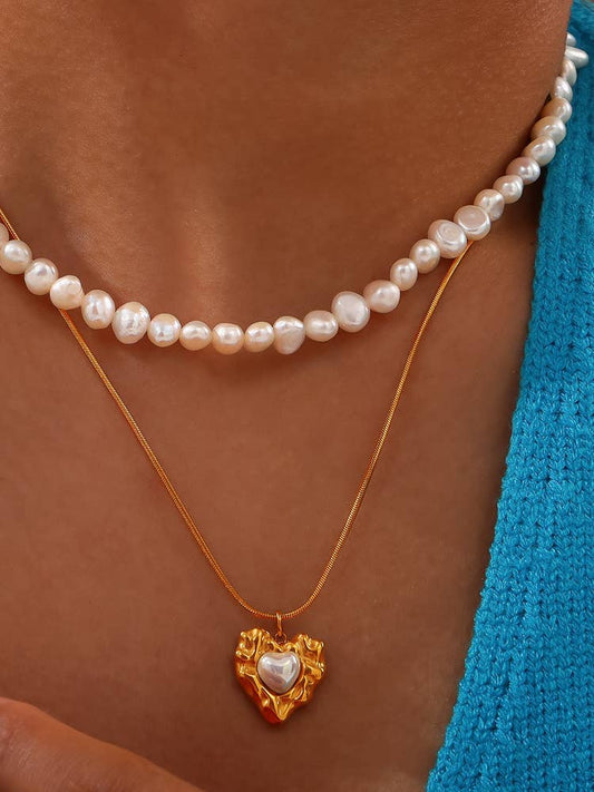 18K Gold Non-Tarnish Layered Pearl Heart Necklace