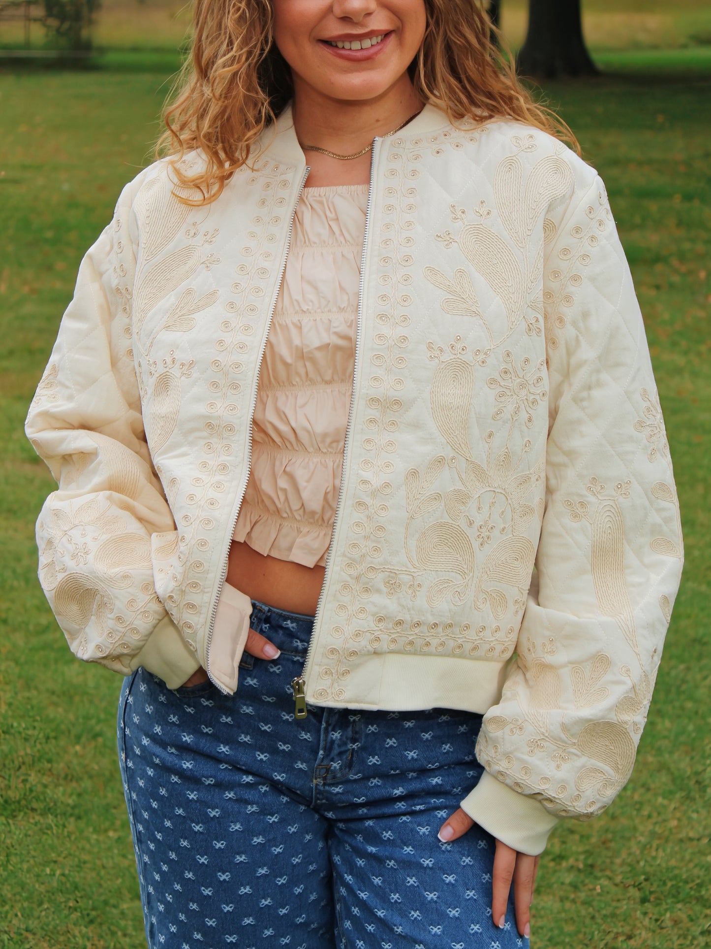 Embroidered Floral Cream Bomber Jacket