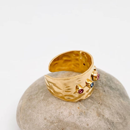 Colorful Zircon Stainless Steel 18K Gold Plated Wide Ring