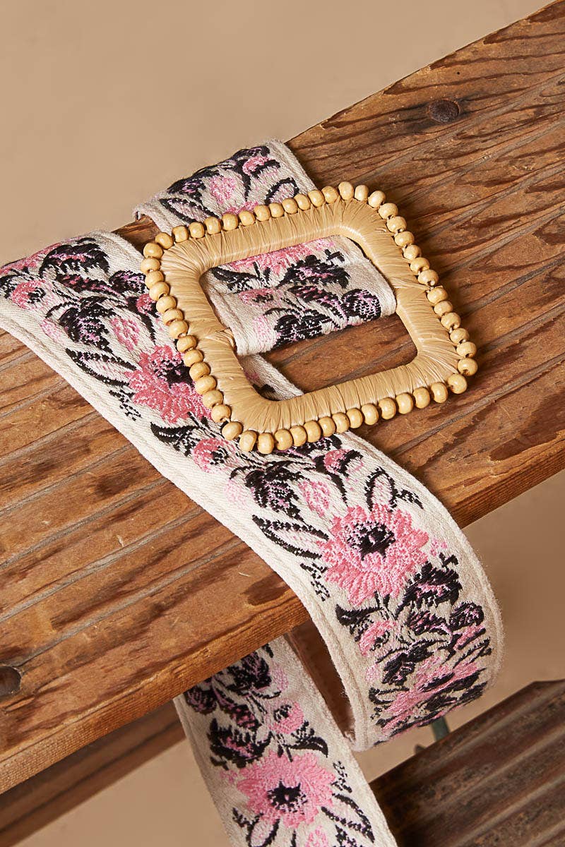 Pink Floral Print Square Buckle Belt