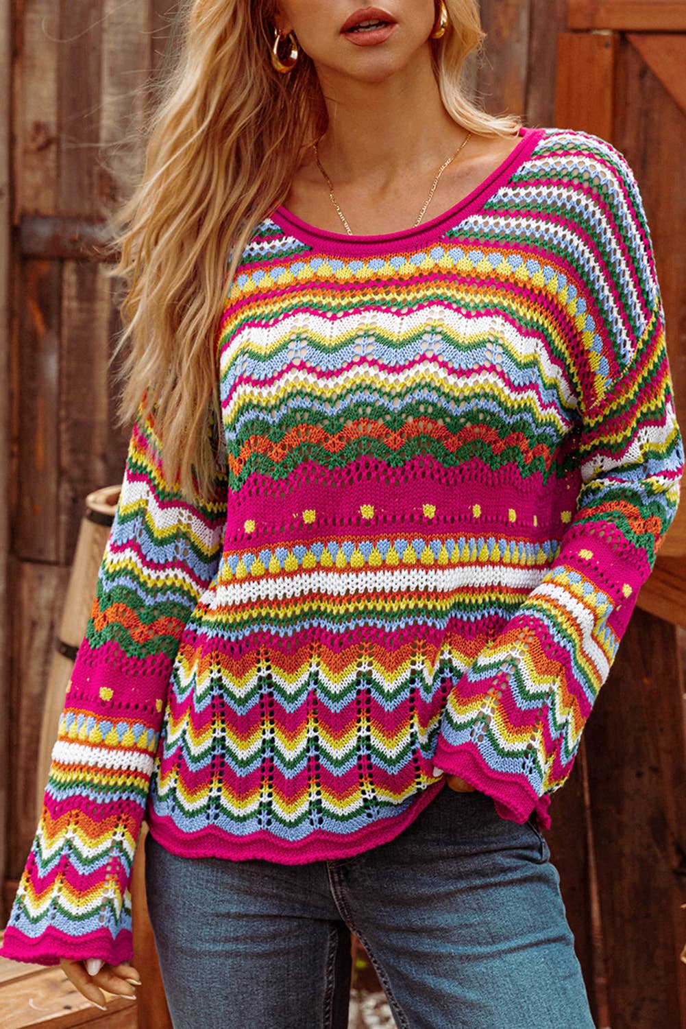 Boho Colorblock Stripe Knit Loose Sweater