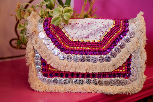 Fuchsia Fringe Coins Beaded Clutch