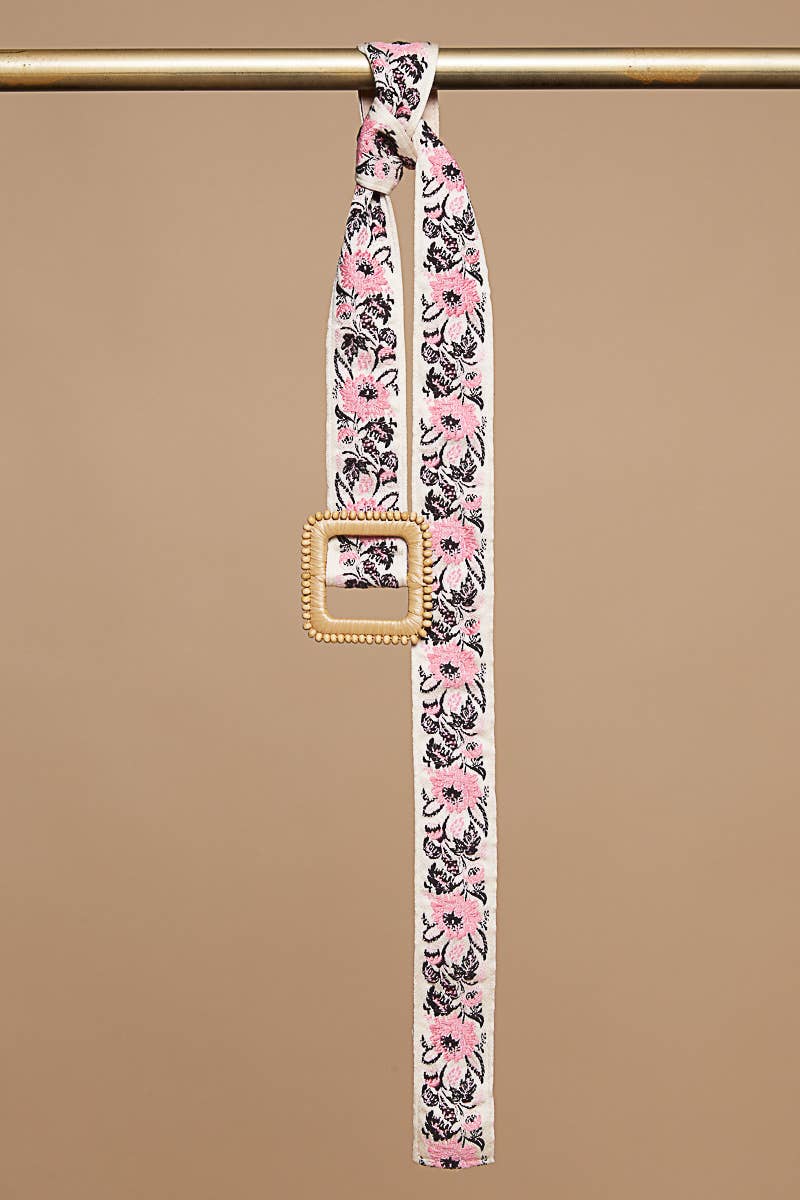 Pink Floral Print Square Buckle Belt