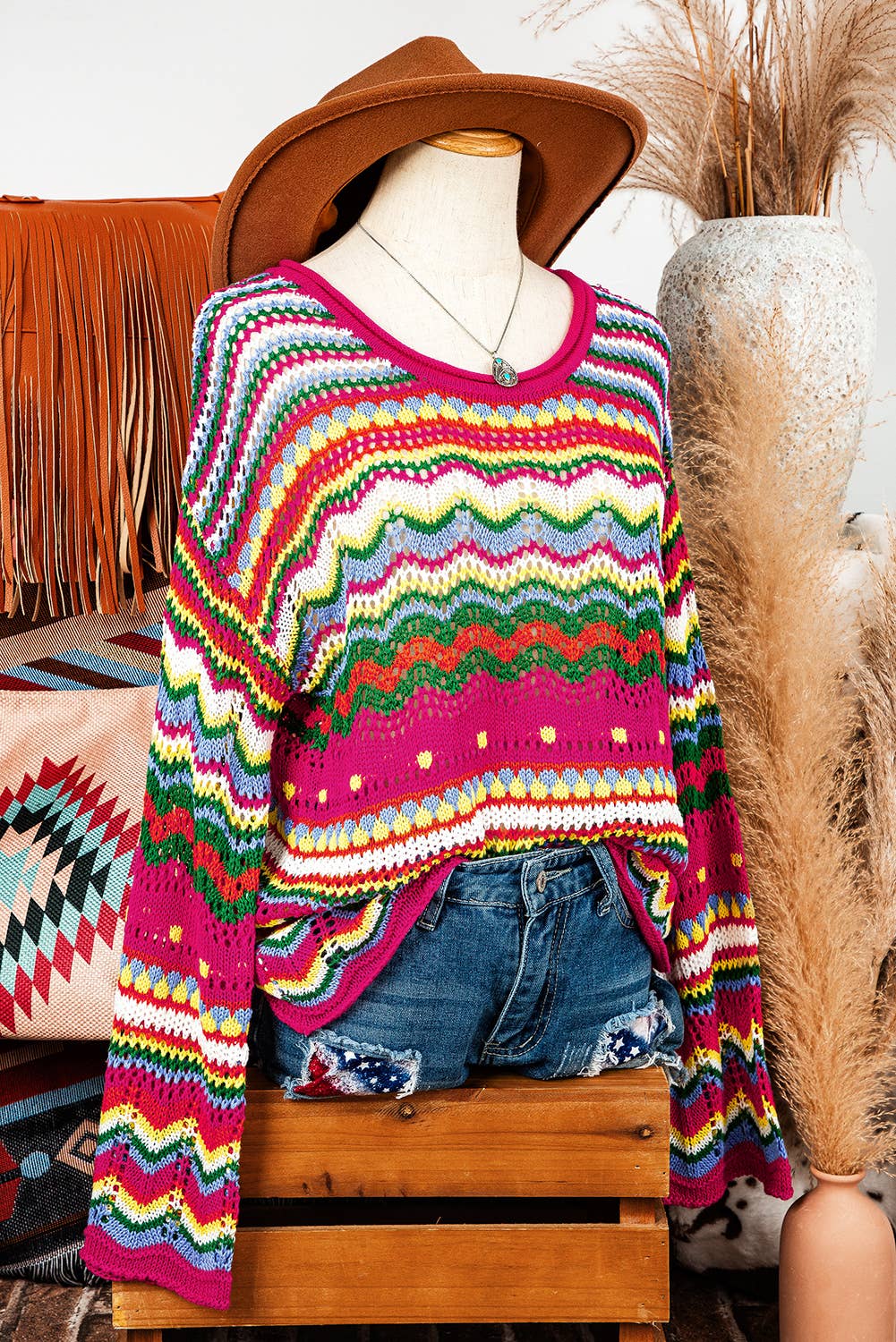 Boho Colorblock Stripe Knit Loose Sweater