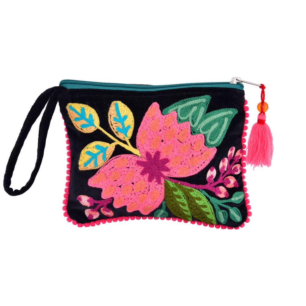 Black Velvet Embroidered Pink Floral Pouch