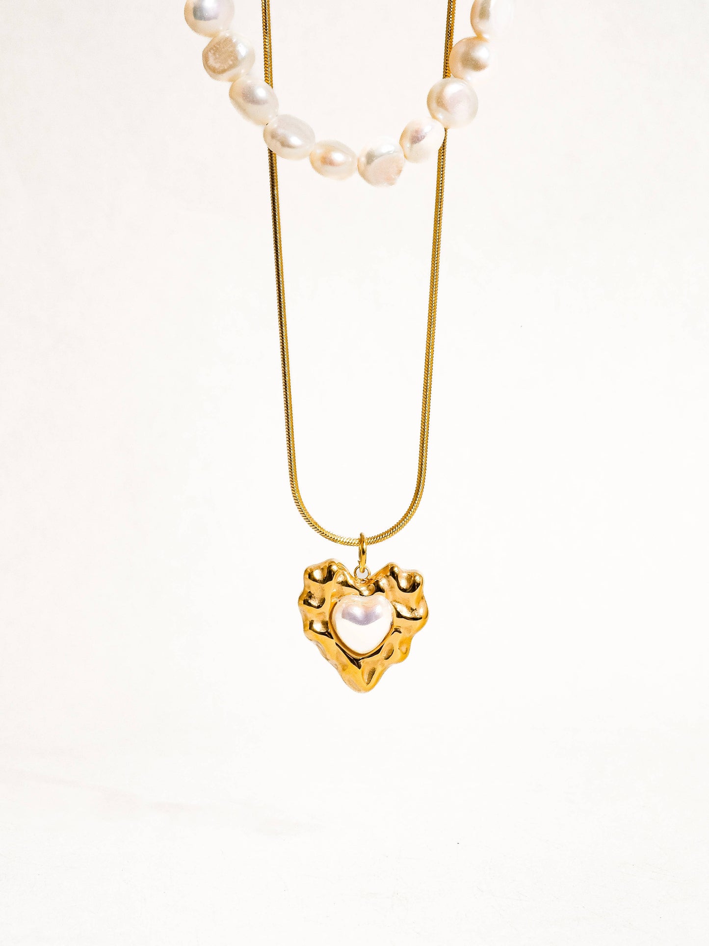 18K Gold Non-Tarnish Layered Pearl Heart Necklace