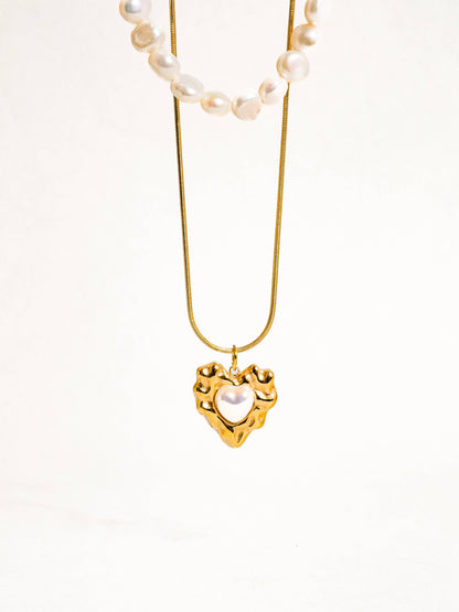 18K Gold Non-Tarnish Layered Pearl Heart Necklace