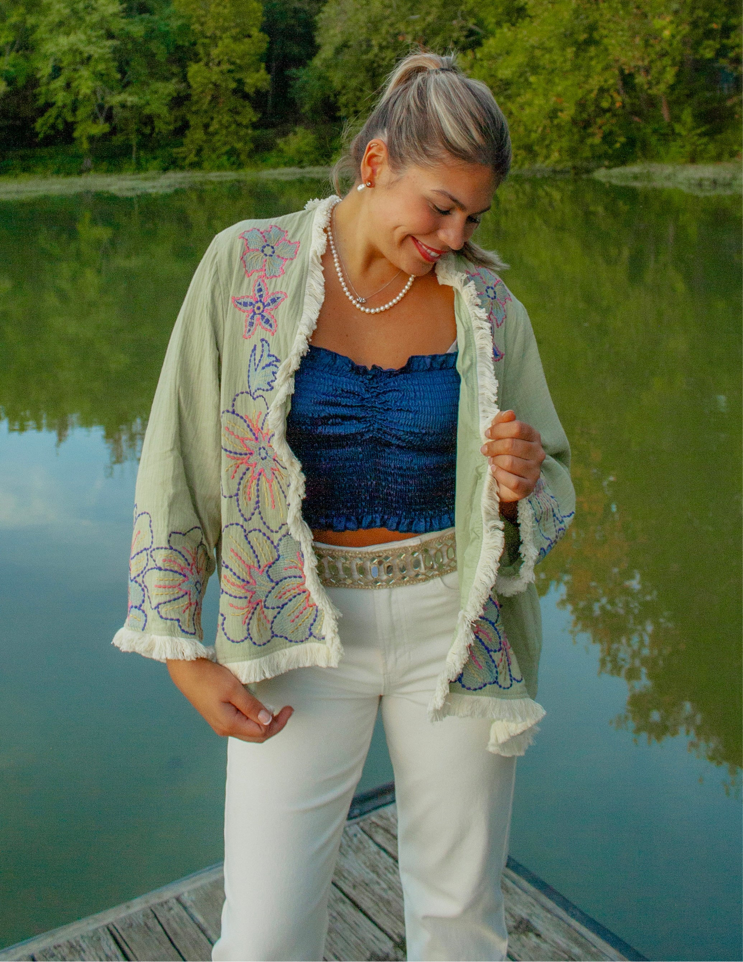 Embroidered Cardigan Quilted Jacket With Frayed Hem