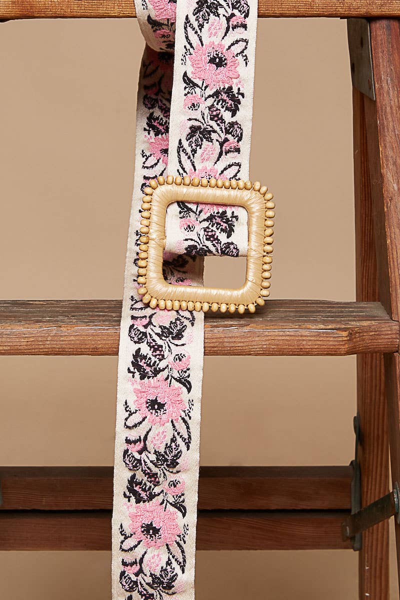 Pink Floral Print Square Buckle Belt