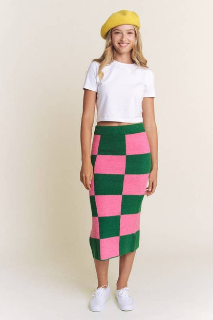Big Checkered Knit Pencil Midi Skirt