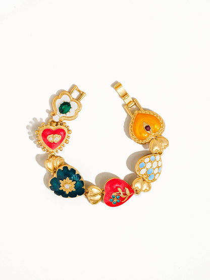 18K Gold Boho Baroque Heart Colorful Charm Bracelet