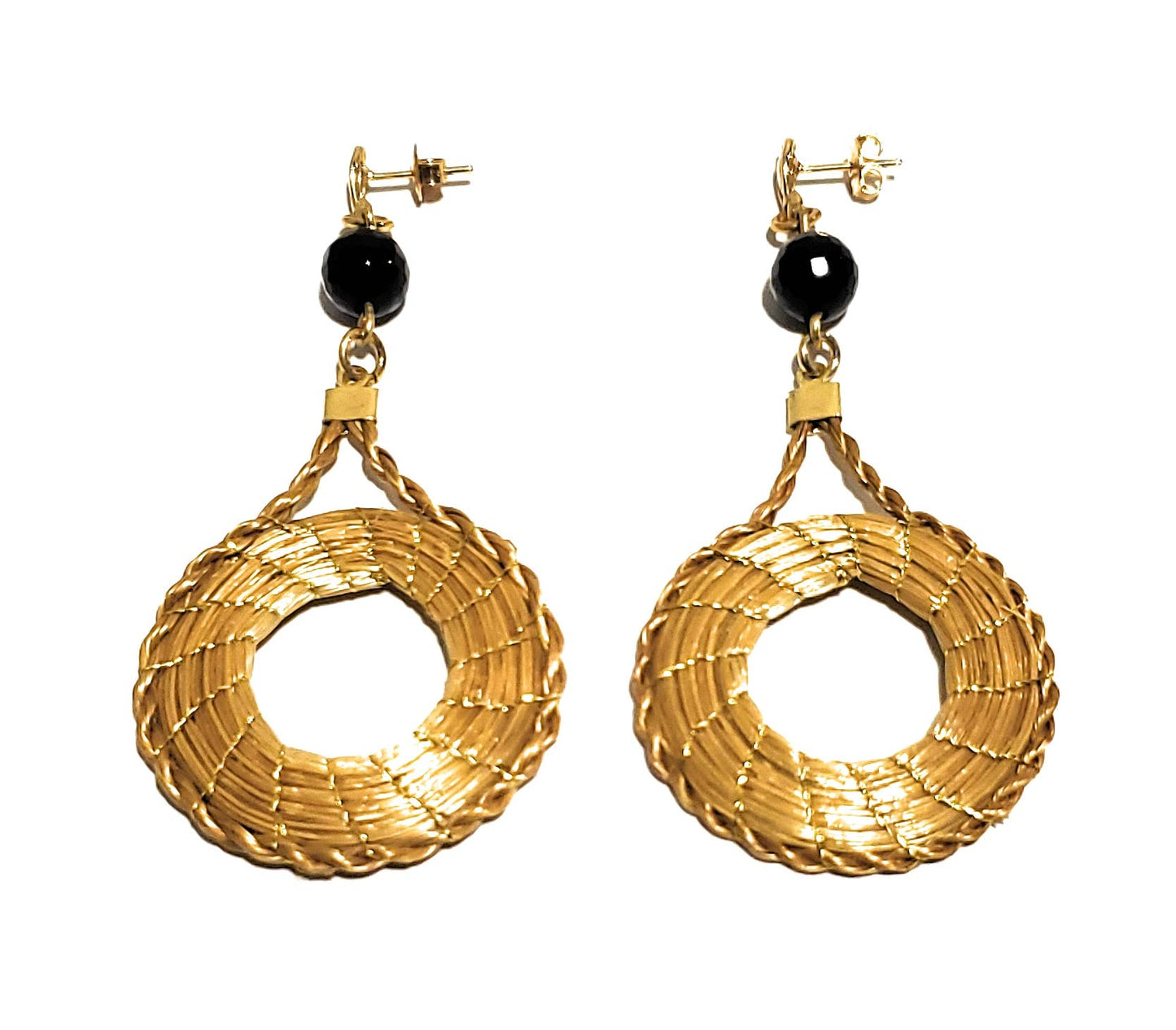 Golden Grass Earrings Circle with Natural Stones
