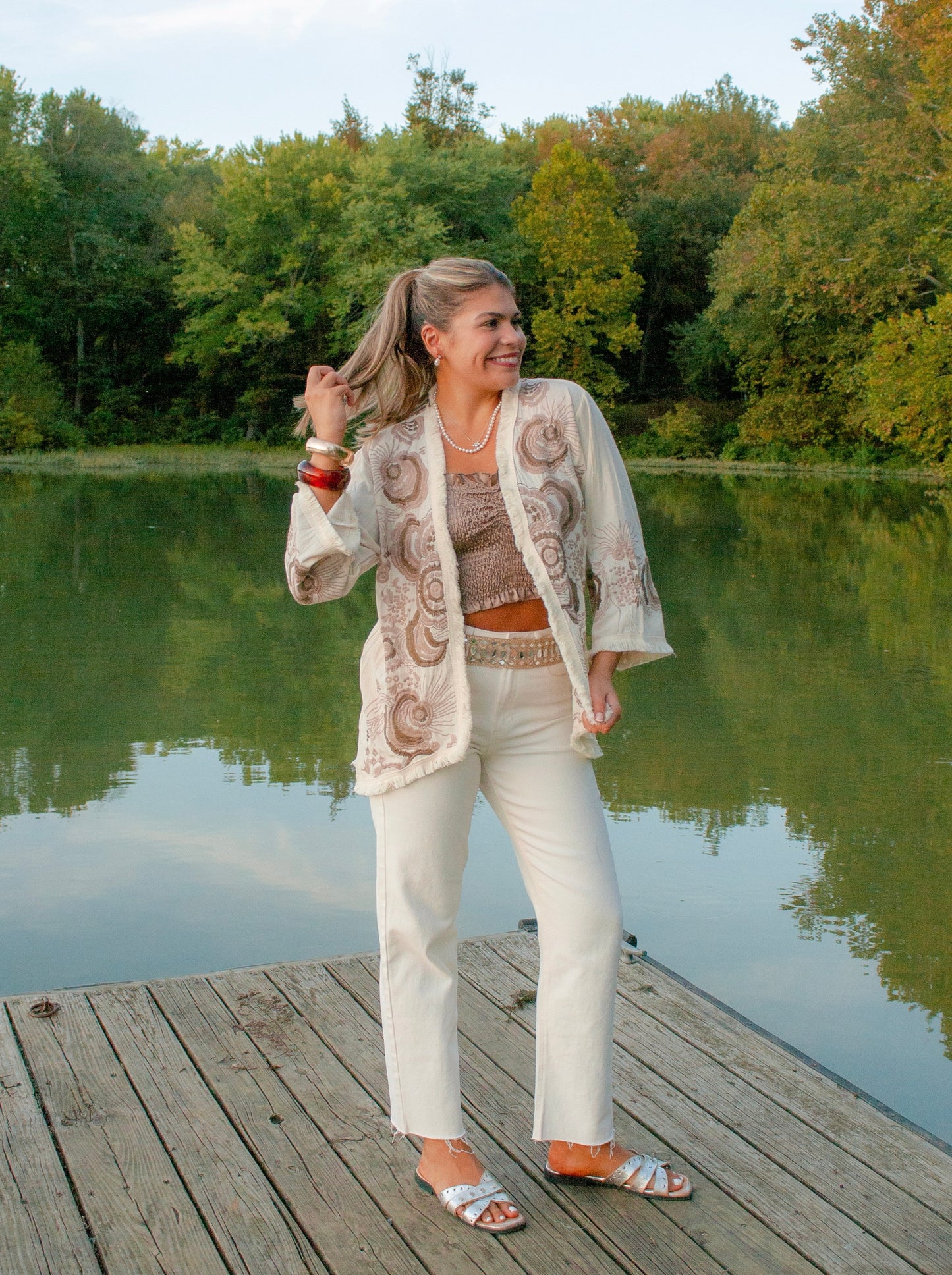 Embroidered Cardigan Quilted Jacket With Frayed Hem