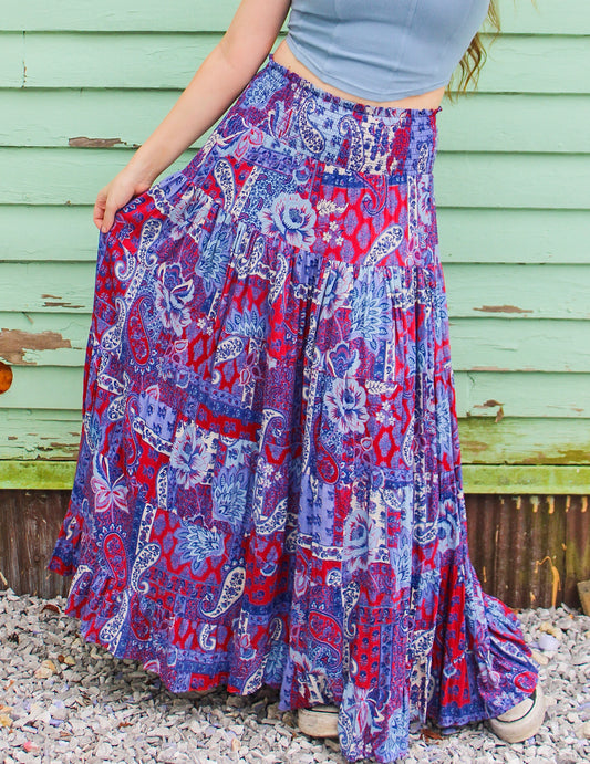 Red & Blue Paisley Patterned Flowy Skirt
