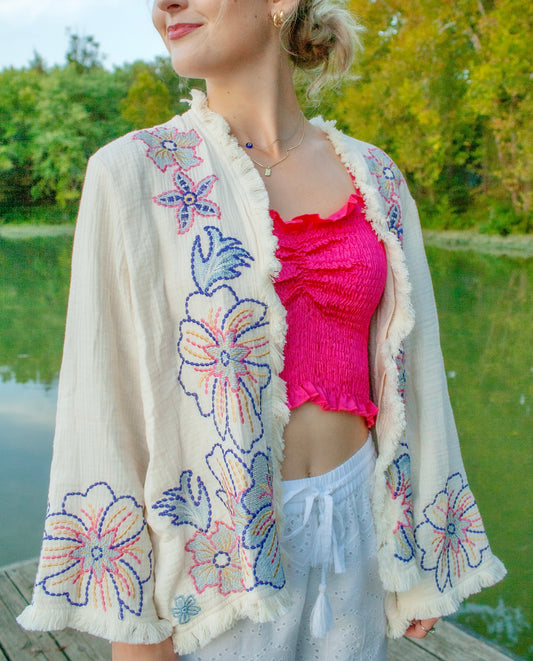 Embroidered Cardigan Quilted Jacket With Frayed Hem