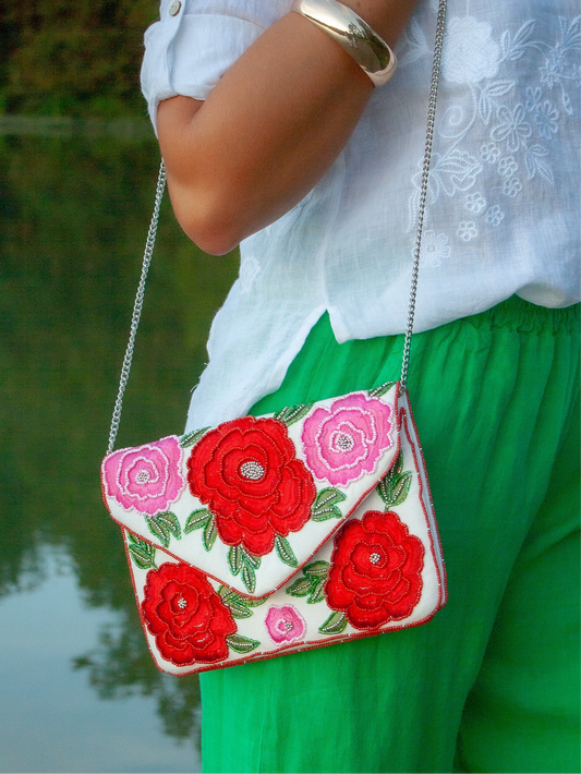 Envelope Clutch With Embroidered and Beaded Roses
