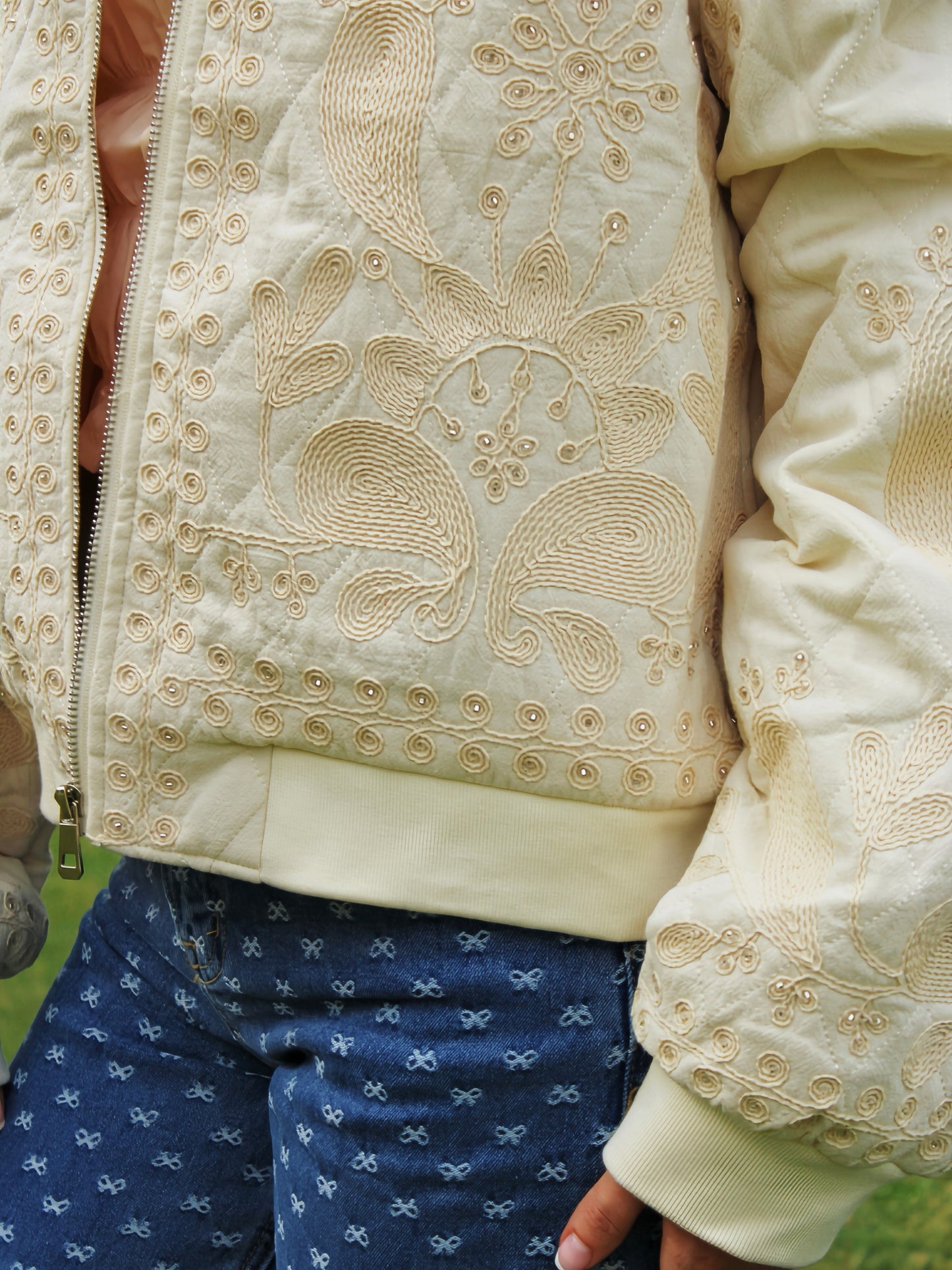 Embroidered Floral Cream Bomber Jacket