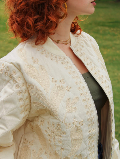 Embroidered Floral Cream Bomber Jacket