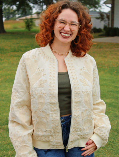 Embroidered Floral Cream Bomber Jacket
