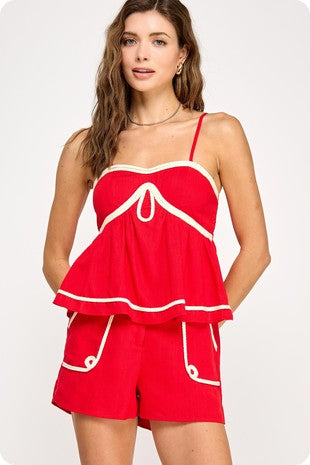 Linen Cami Top With Braided Trim Detail