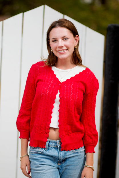 Red Cardigan with Heart Buttons