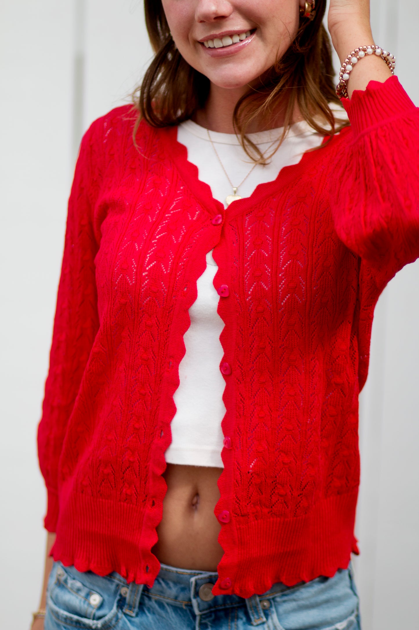 Red Cardigan with Heart Buttons