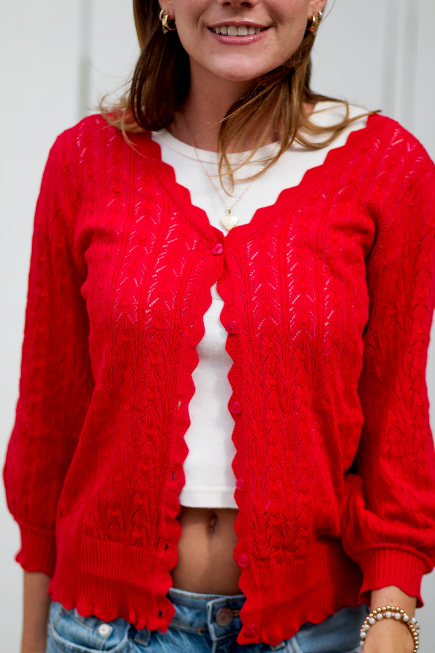 Red Cardigan with Heart Buttons