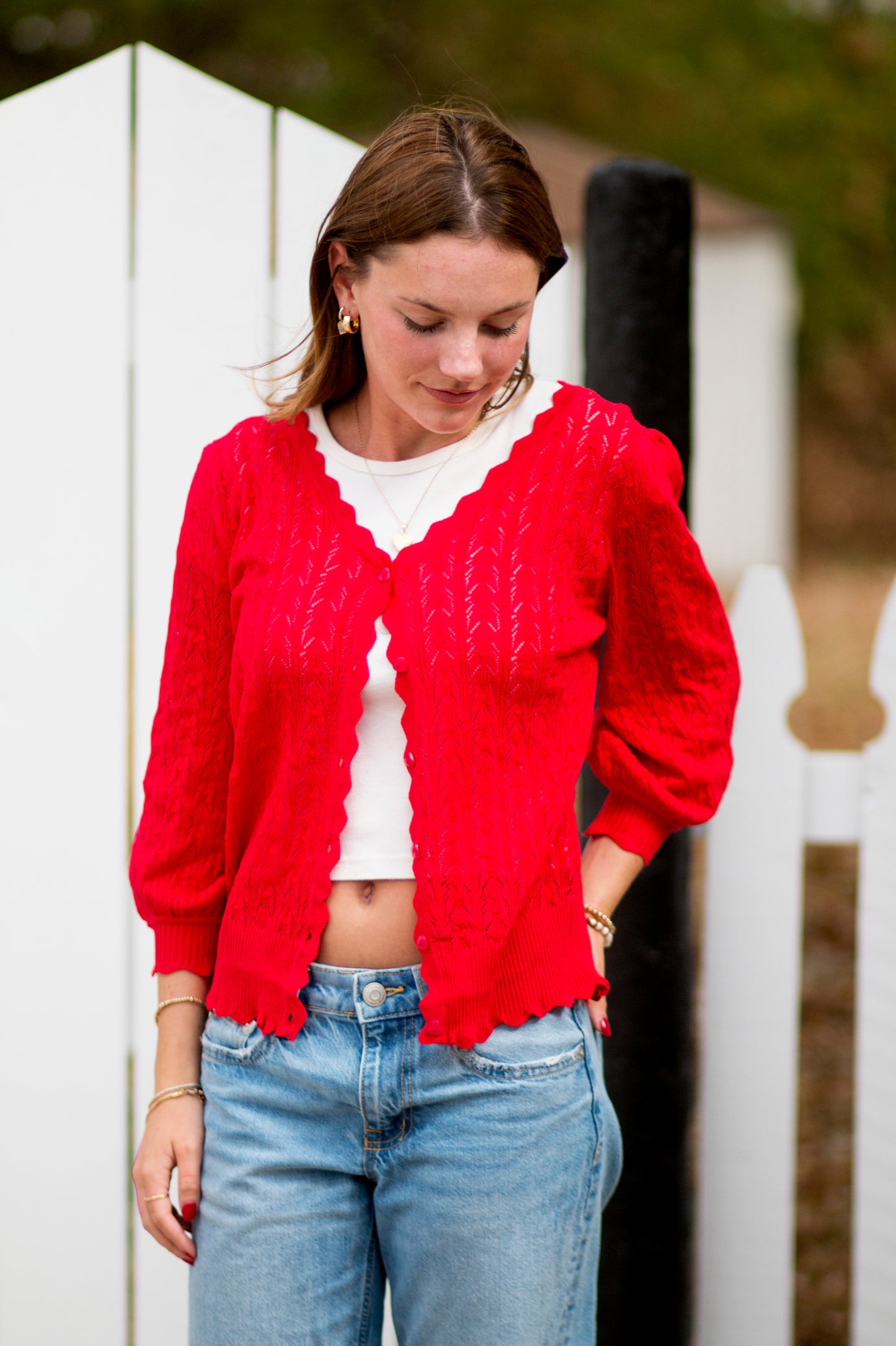 Red Cardigan with Heart Buttons