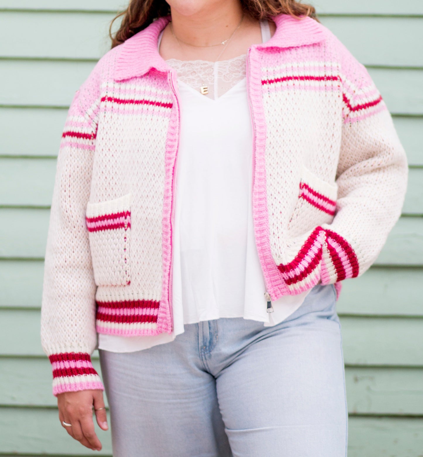 Pink/Cream Knit Zip Up Sweater Jacket Horse and Cactus