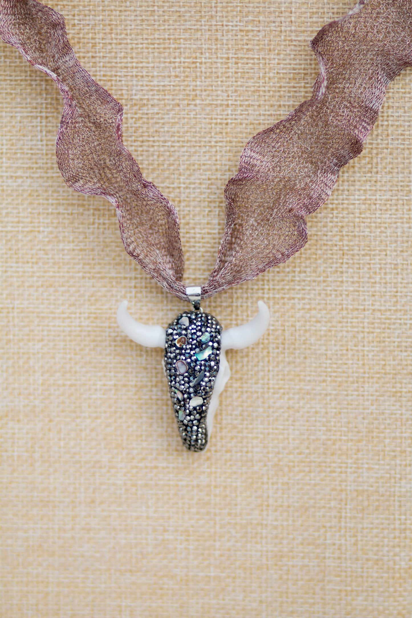 Titanium Necklace w/ Natural Stone and Shell Bejeweled Bull Pendant