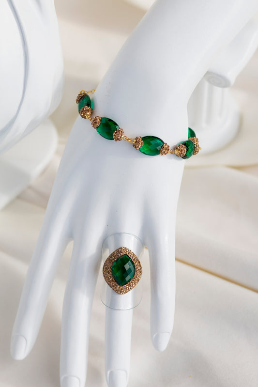 Emerald Tourmaline Gold Plated Genuine Silver Ring
