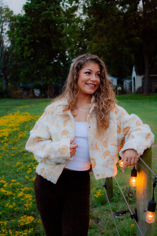 Off-White & Mustard Floral Fluffy Jacket With Embroidery
