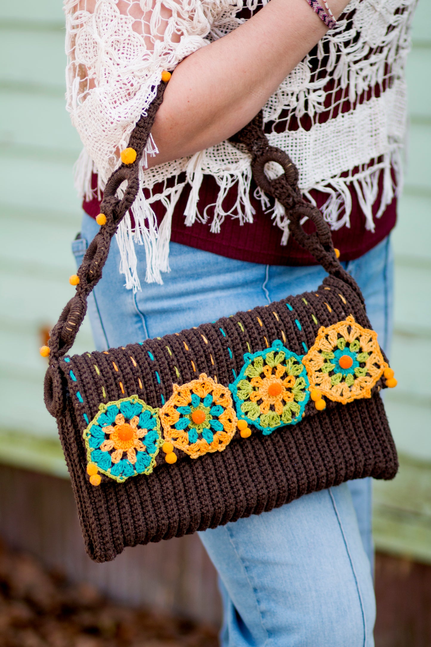 Handmade crochet brown multicolor purse