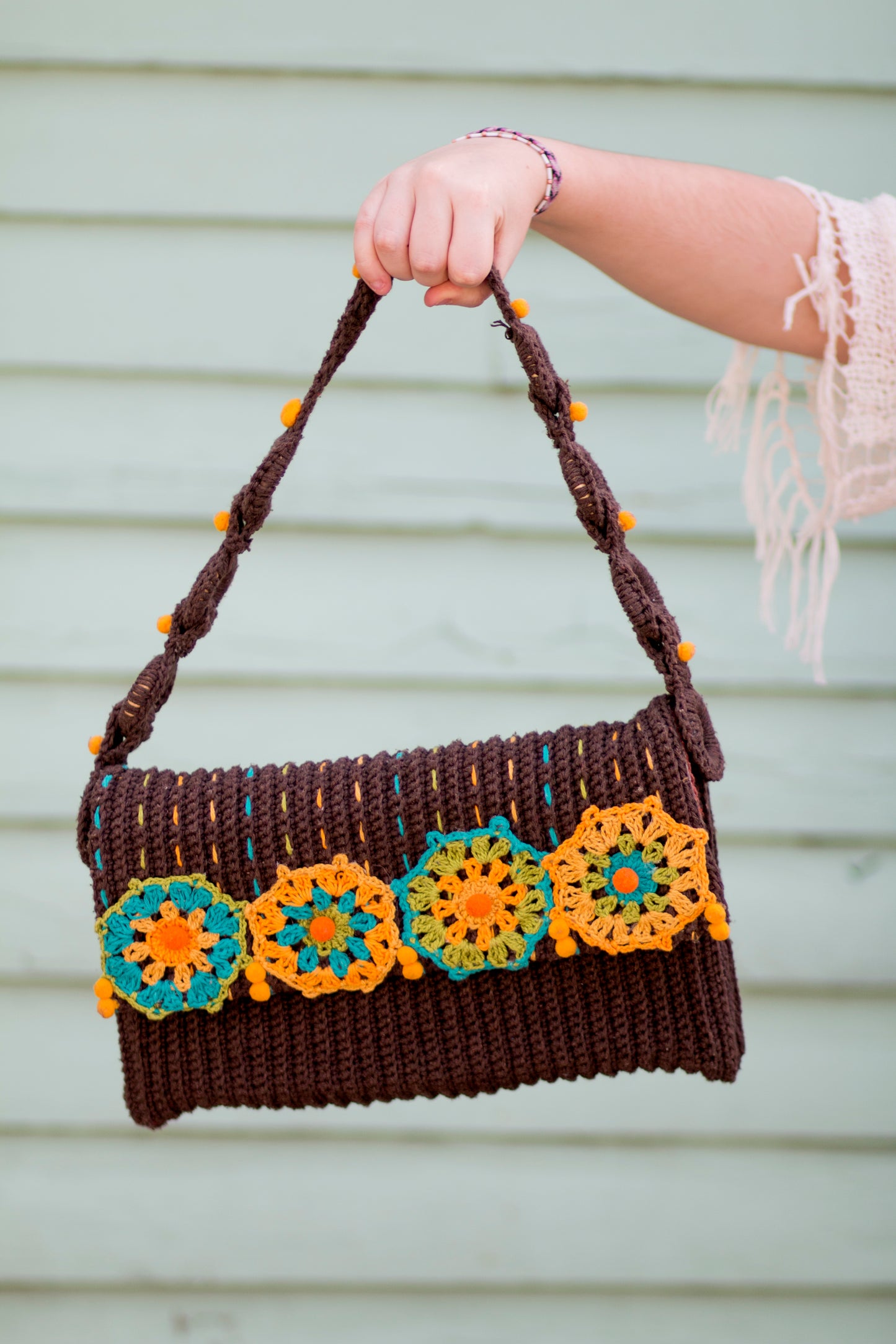 Handmade crochet brown multicolor purse