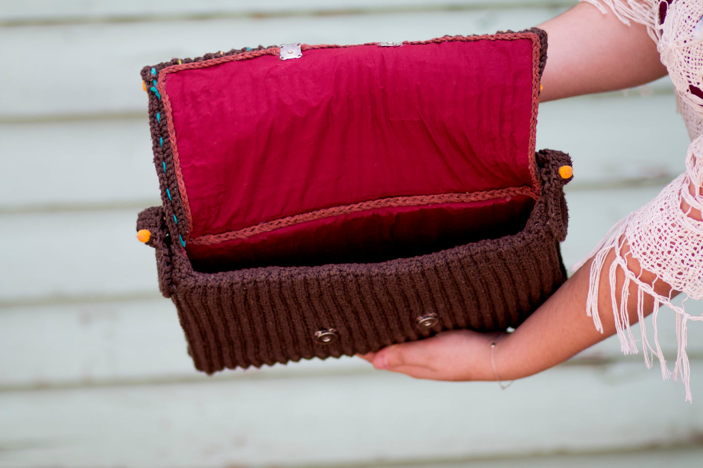 Handmade crochet brown multicolor purse