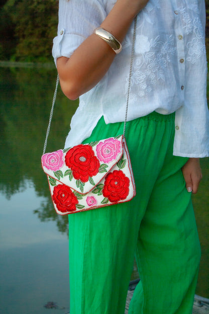 Envelope Clutch With Embroidered and Beaded Roses