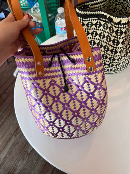 Hand Woven Bucket Bag with Leather Handles