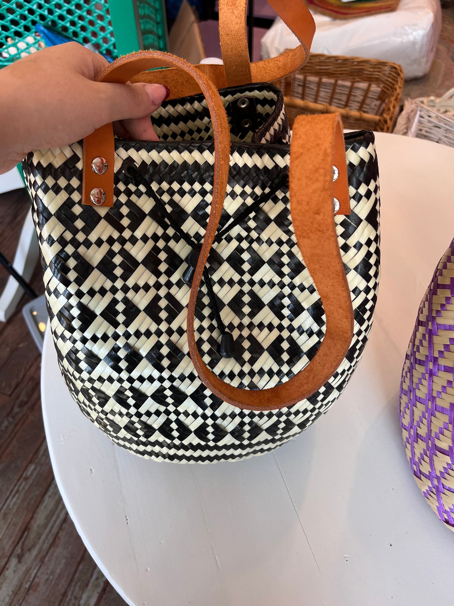 Hand Woven Bucket Bag with Leather Handles