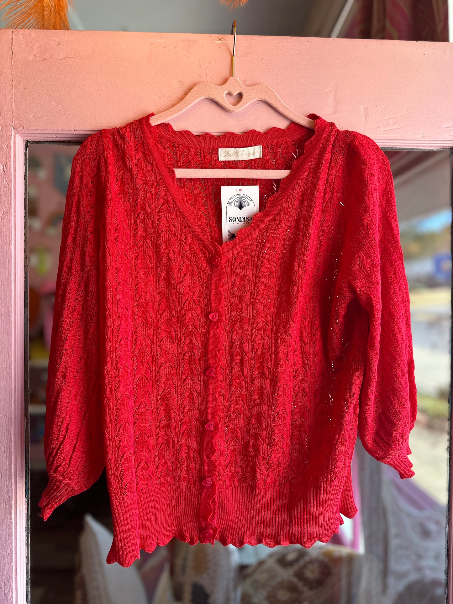 Red Cardigan with Heart Buttons